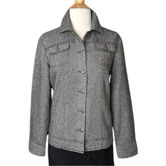 AMBER SUN Tweed Wool Blend Trucker Jacket Black White Lightweight Casual Small - Picture 1 of 16